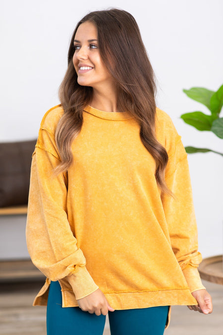 Gold Yellow Acid Wash Contrast Seam Sweatshirt - Filly Flair