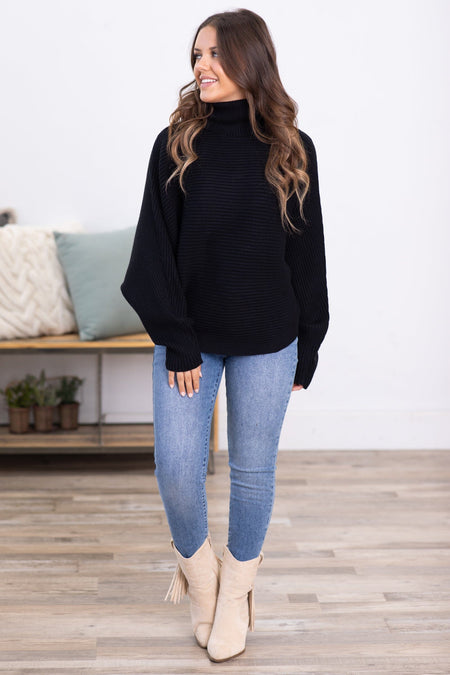 Black Horizontal Ribbed Turtleneck Sweater - Filly Flair