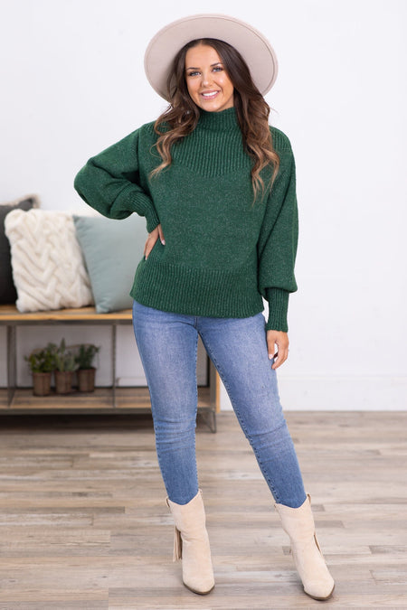 Hunter Green Balloon Sleeve Mock Neck Sweater - Filly Flair