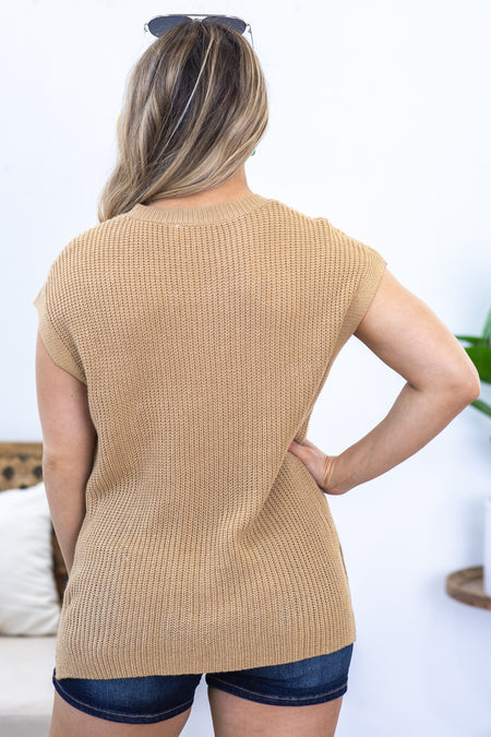 Taupe Sweater Knit Top With Pocket