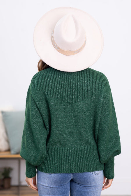 Hunter Green Balloon Sleeve Mock Neck Sweater - Filly Flair