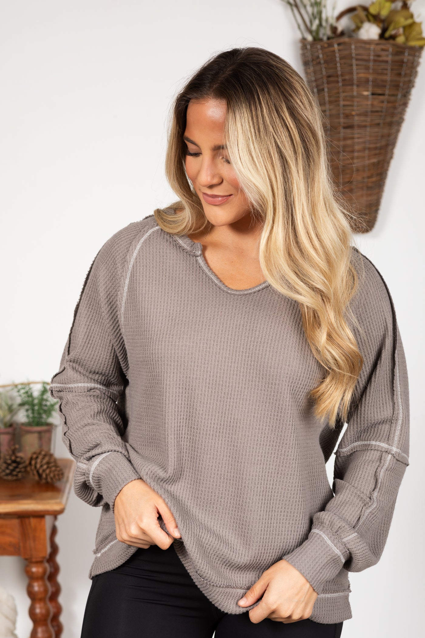 Notched Neck With Exposed Seams Knit Top