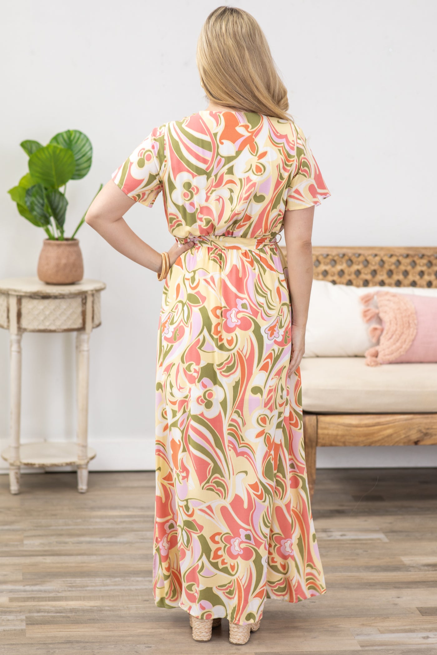 Sage and Coral Maxi Dress With Waist Tie