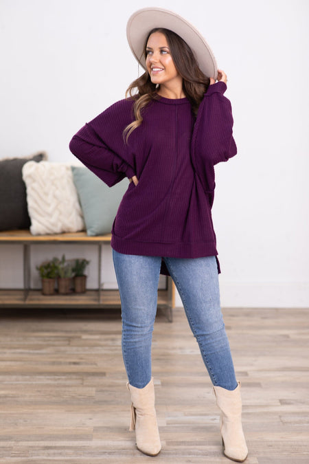 Berry Waffle Knit Sweater With Seam Detail - Filly Flair