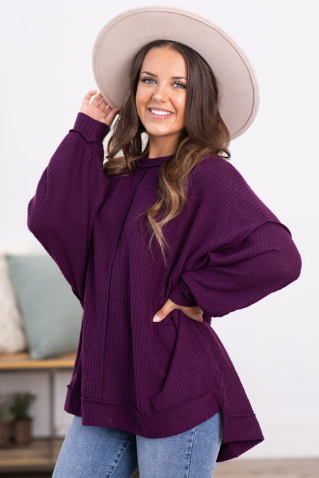 Berry Waffle Knit Sweater With Seam Detail - Filly Flair