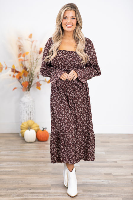 Brown Ditsy Floral Square Neck Midi Dress