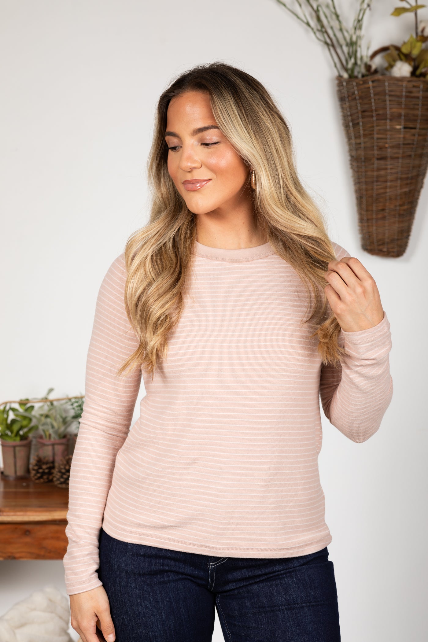 Stripe Rib Jersey Raglan Knit Long Sleeve Top