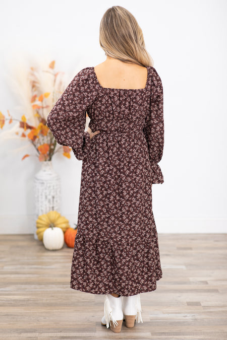 Brown Ditsy Floral Square Neck Midi Dress