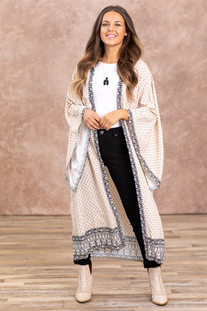 Beige and Black Boho Print Kimono - Filly Flair