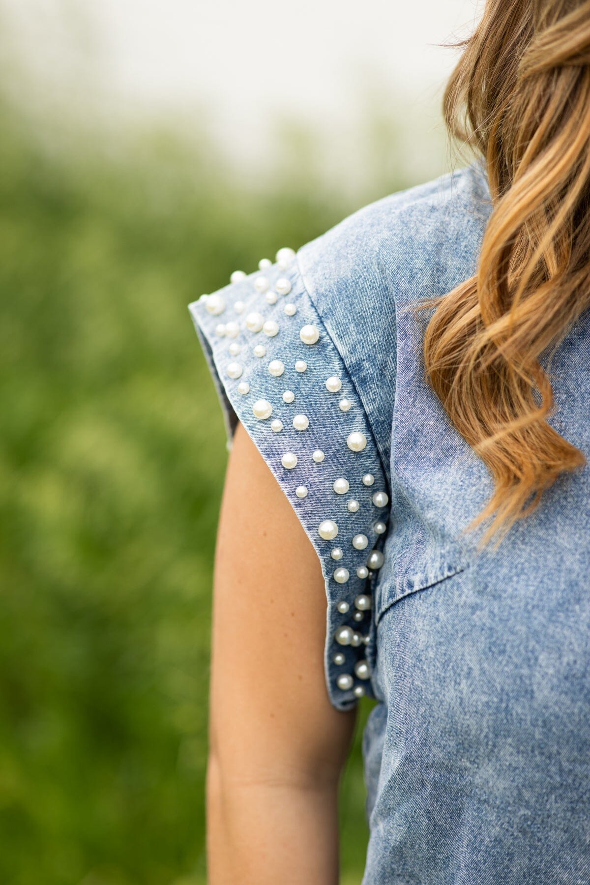 Denim dress with outlet pearls