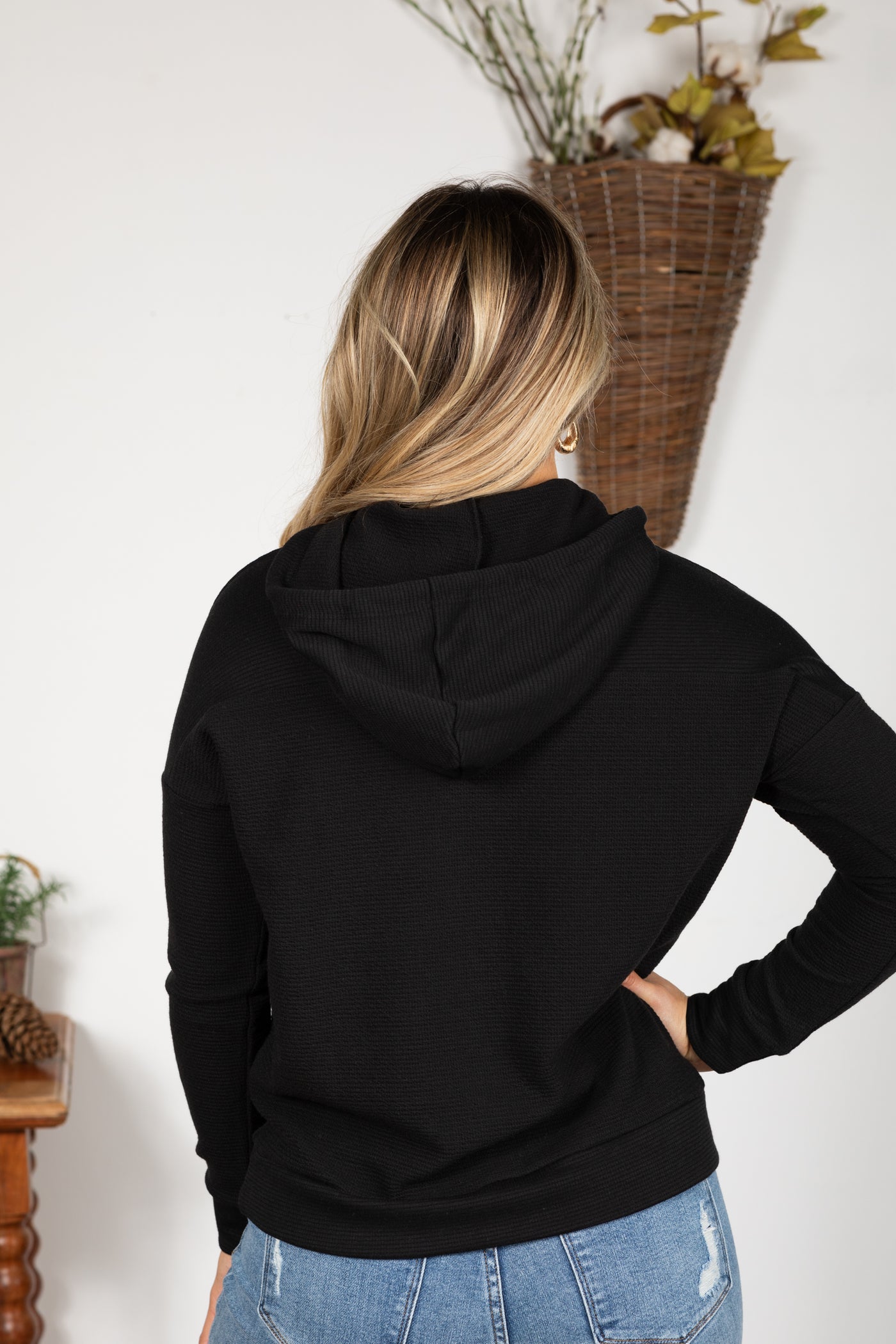 Knit Drawstring Hoodie With Waffle Texture