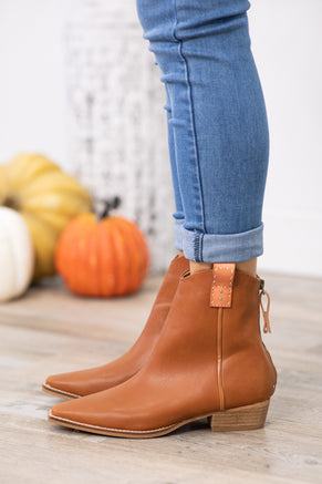 Cognac Point Toe Booties With Contrast Trim