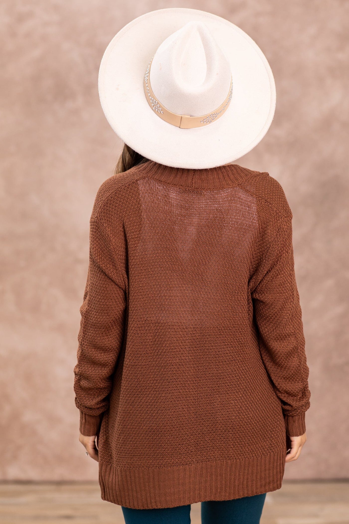 Brown Waffle Knit Cardigan With Rib Trim - Filly Flair