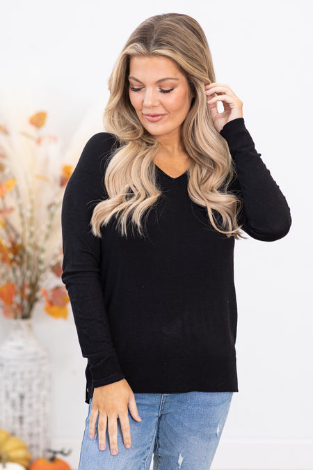 Black V-Neck Lightweight Sweater