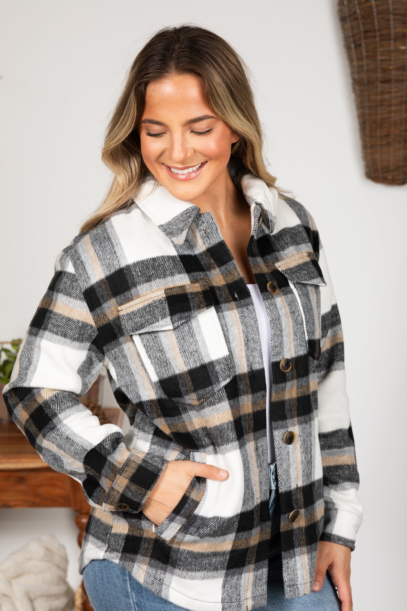 Plaid Button Up Shacket With Side Pockets