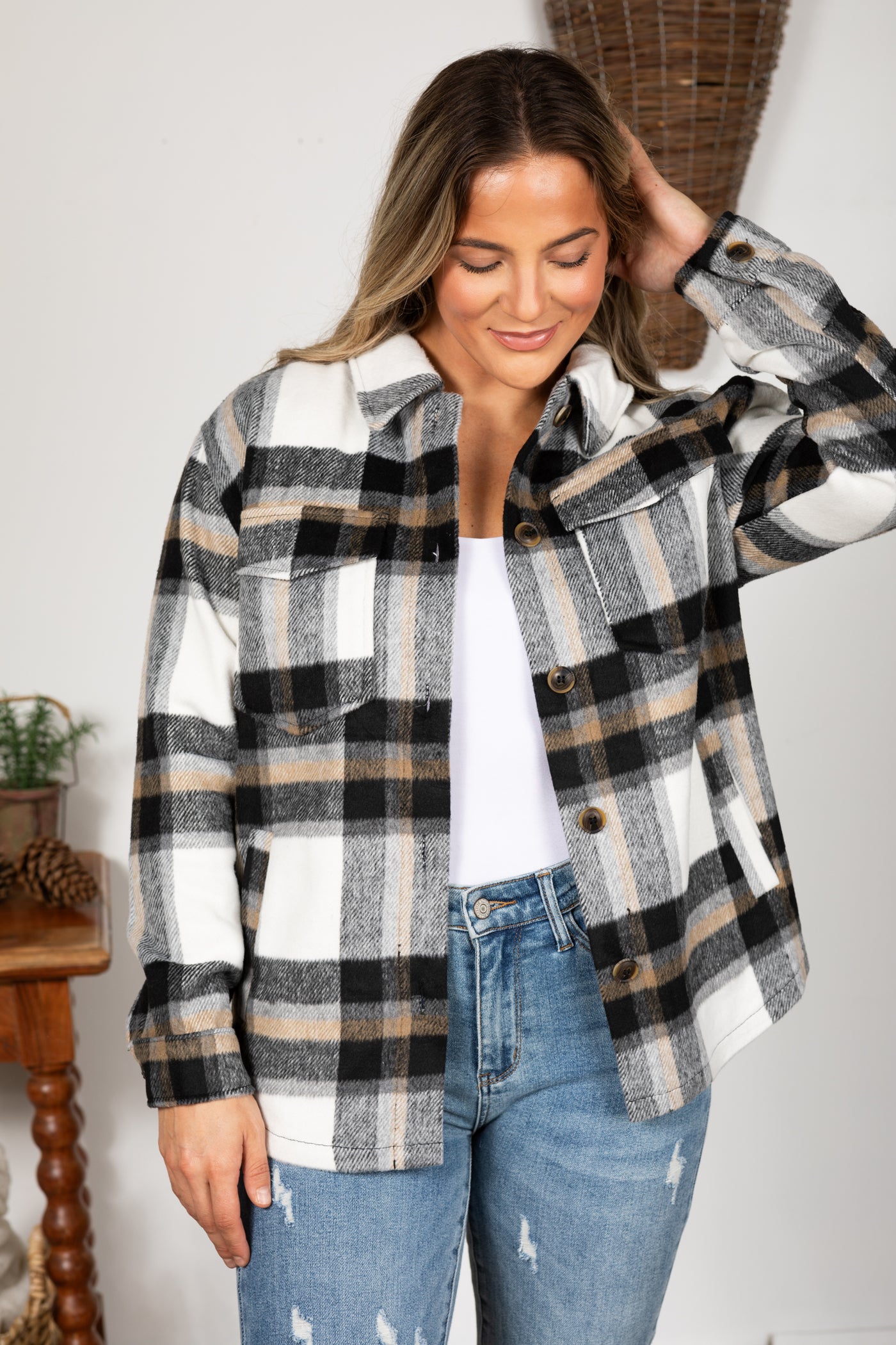 Plaid Button Up Shacket With Side Pockets