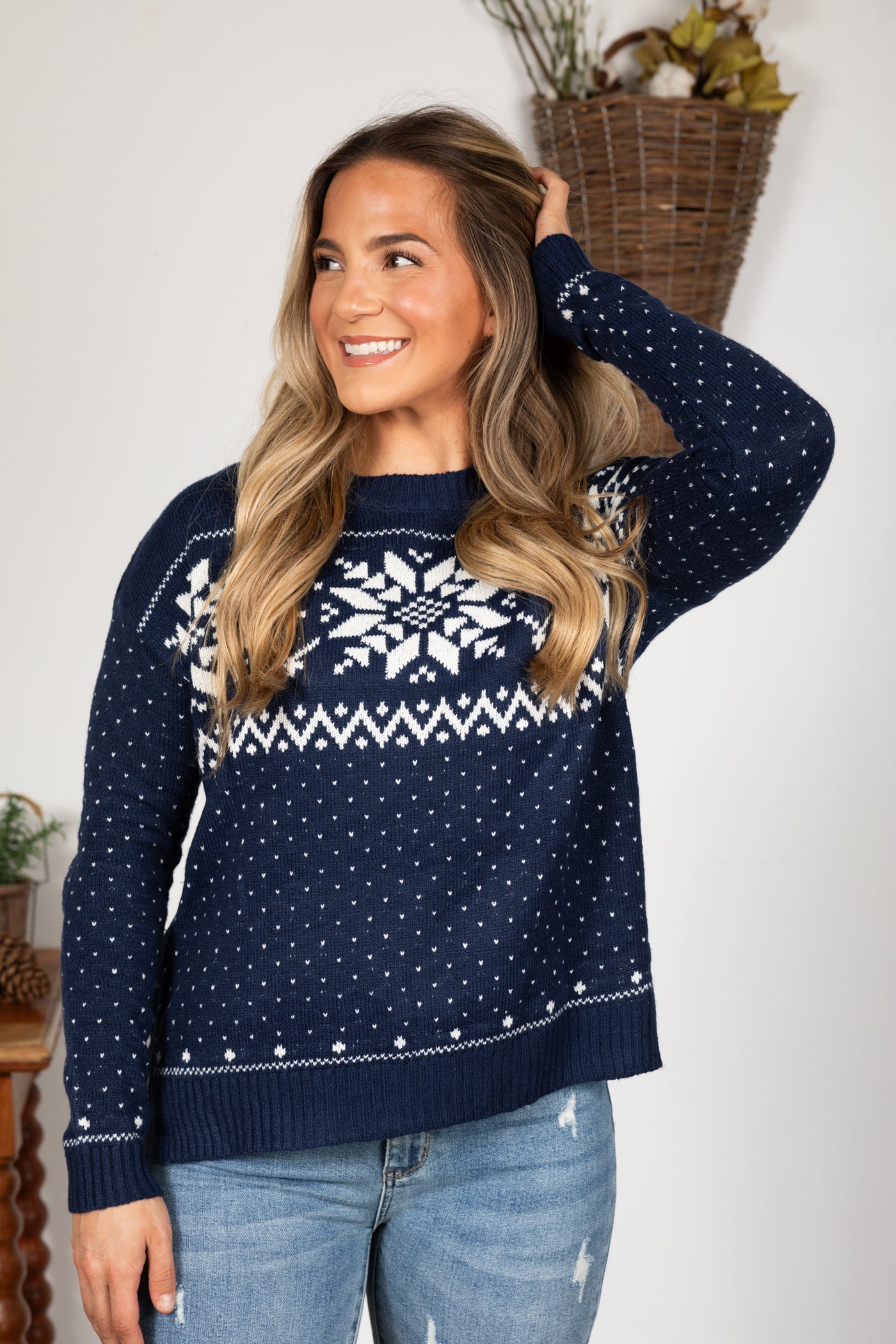 Navy Snowflake Print Sweater