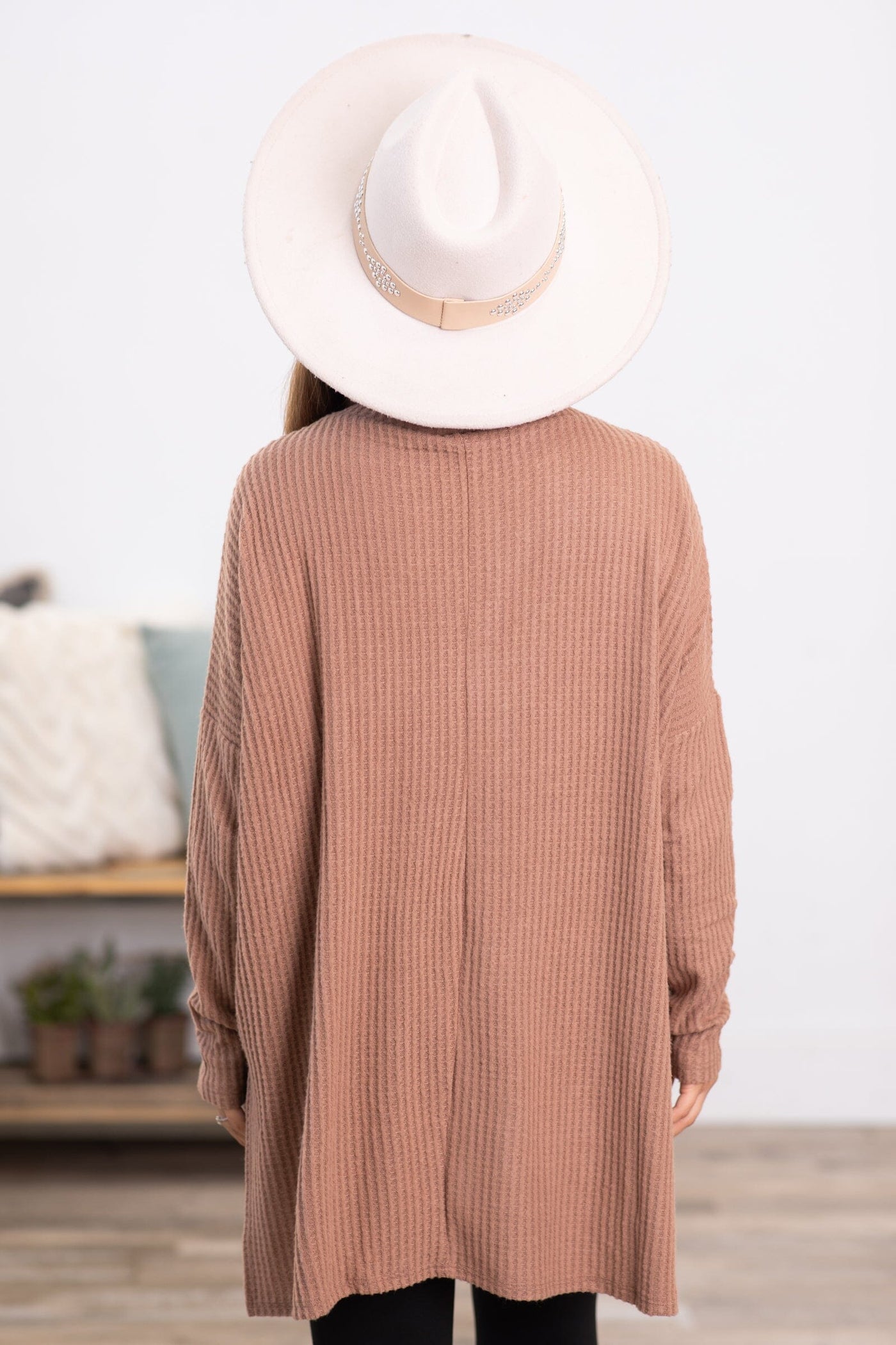 Tan Waffle Knit Cowl Neck Top - Filly Flair