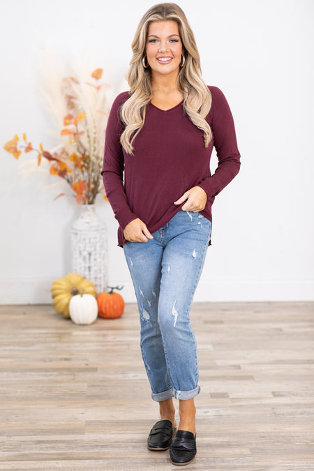 Dark Berry V-Neck Lightweight Sweater