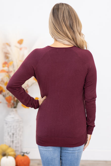 Dark Berry V-Neck Lightweight Sweater