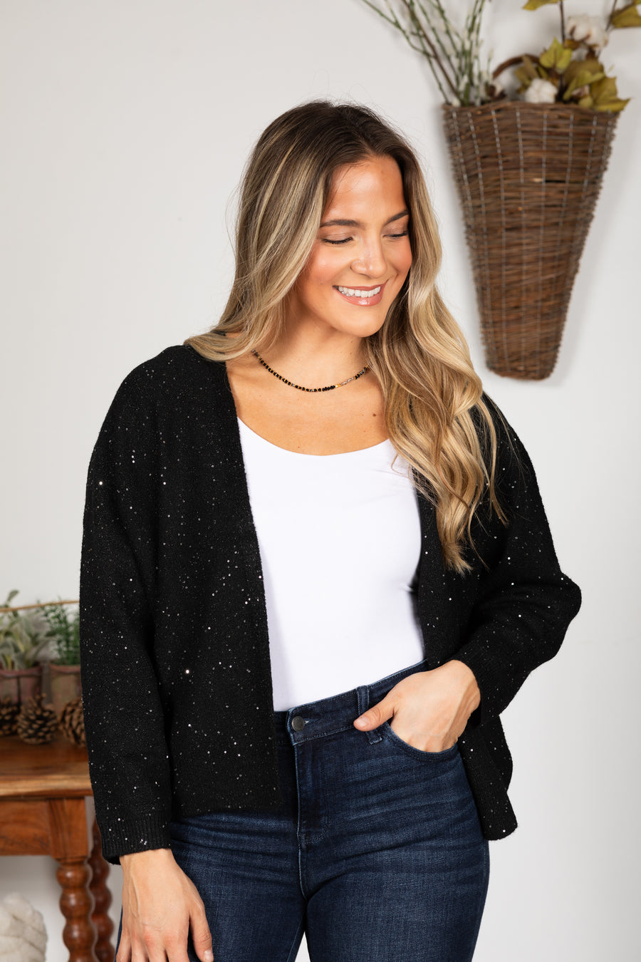 Black With Bead Detail Open Front Cardigan