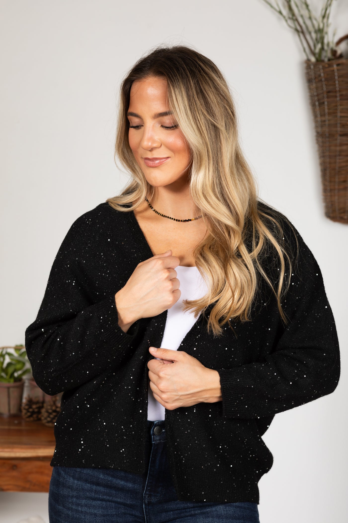 Black With Bead Detail Open Front Cardigan