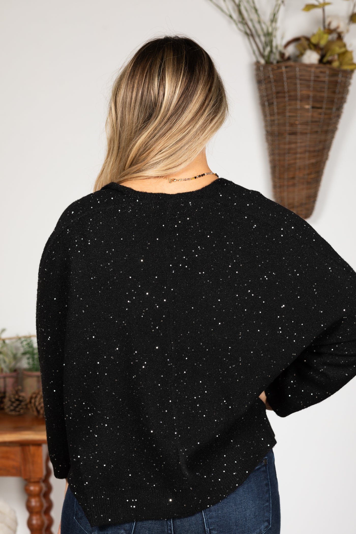 Black With Bead Detail Open Front Cardigan