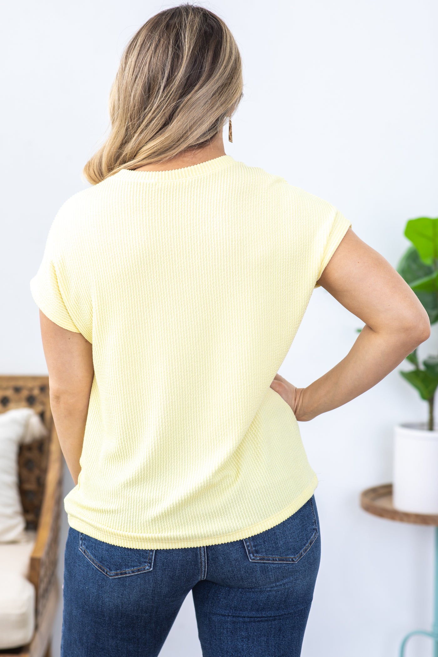 Pastel Yellow Solid Ribbed Top With Pocket