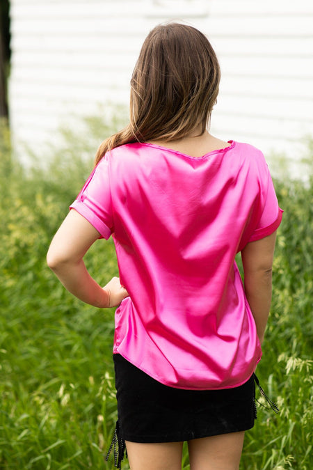 Hot Pink Silk Feel Top With Pocket - Filly Flair