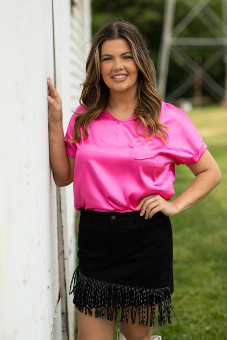 Hot Pink Silk Feel Top With Pocket - Filly Flair