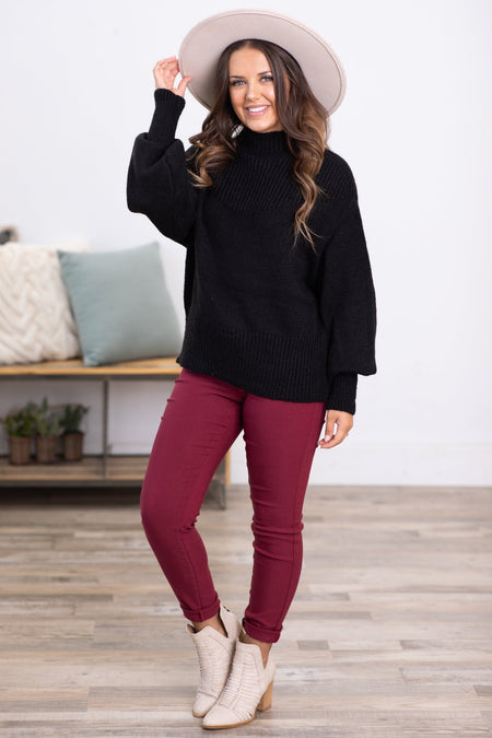 Black Balloon Sleeve Mock Neck Sweater - Filly Flair