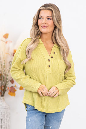 Light Olive Rib Knit Top With Collar