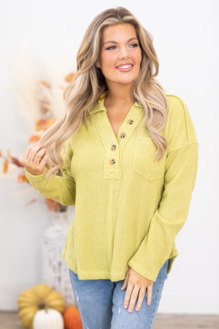 Light Olive Rib Knit Top With Collar