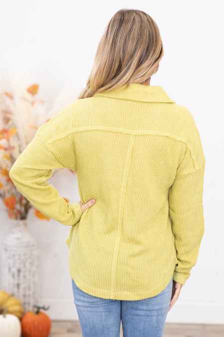 Light Olive Rib Knit Top With Collar