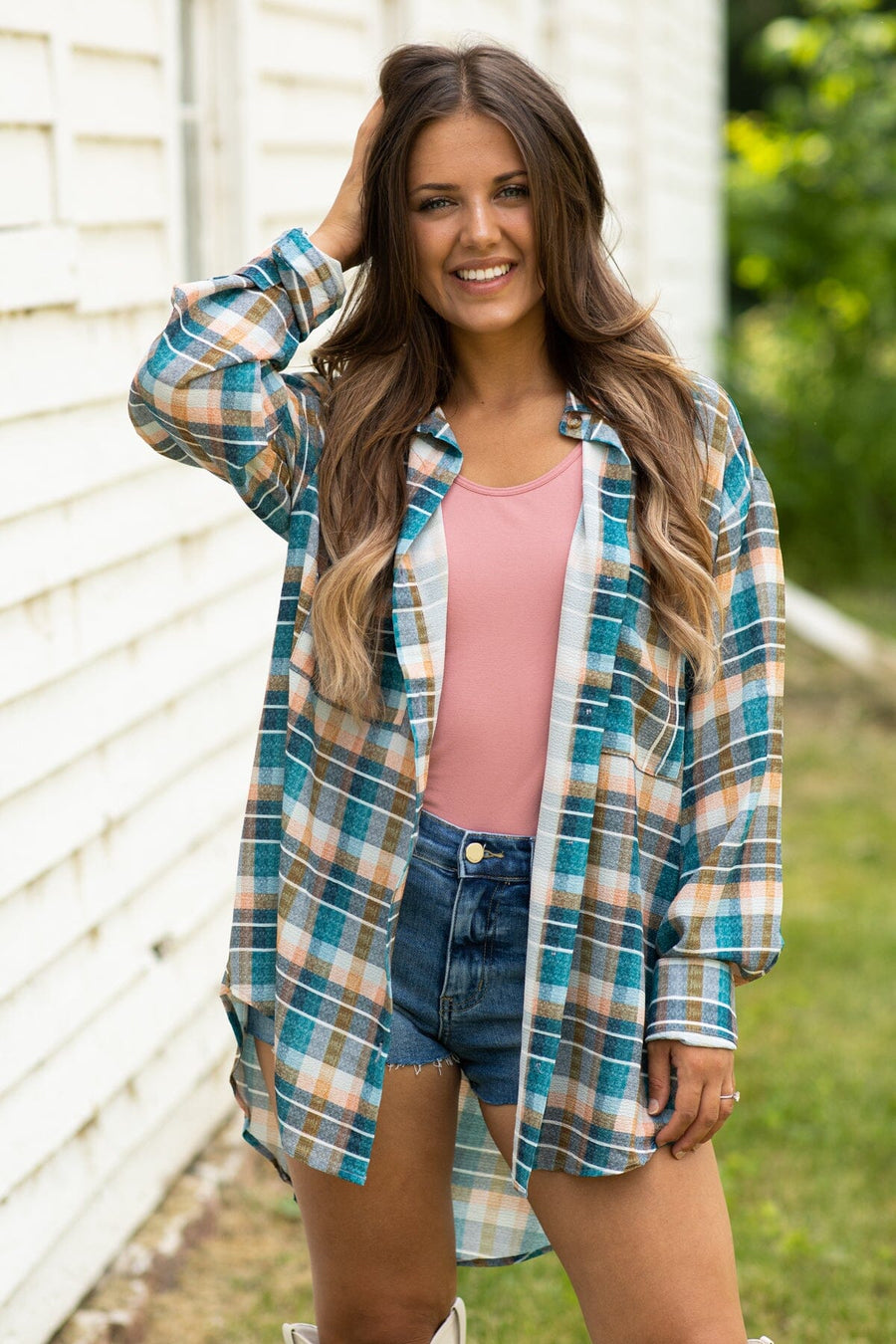 Teal and Peach Plaid Button Up Top - Filly Flair