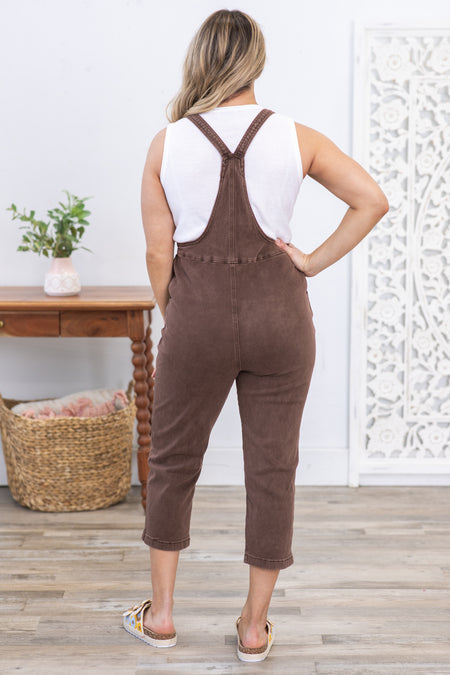 Brown Washed Knot Strap Relaxed Overalls