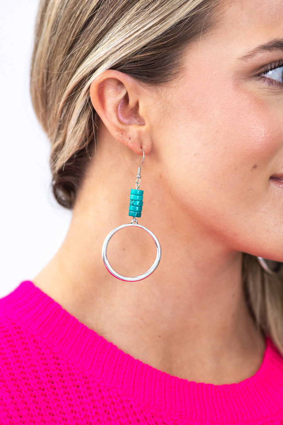 Silver Hoop Earrings With Turquoise Beads