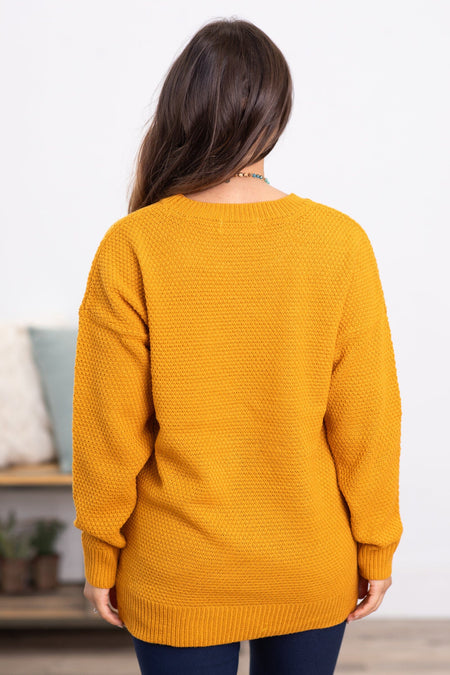 Mustard Ribbed Trim Round Neck Basic Sweater - Filly Flair