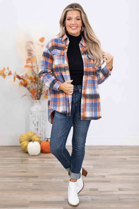 Orange and Blue Plaid Babydoll Button Up Top