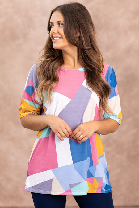 Dark Blush and Blue Multicolor Abstract Top - Filly Flair