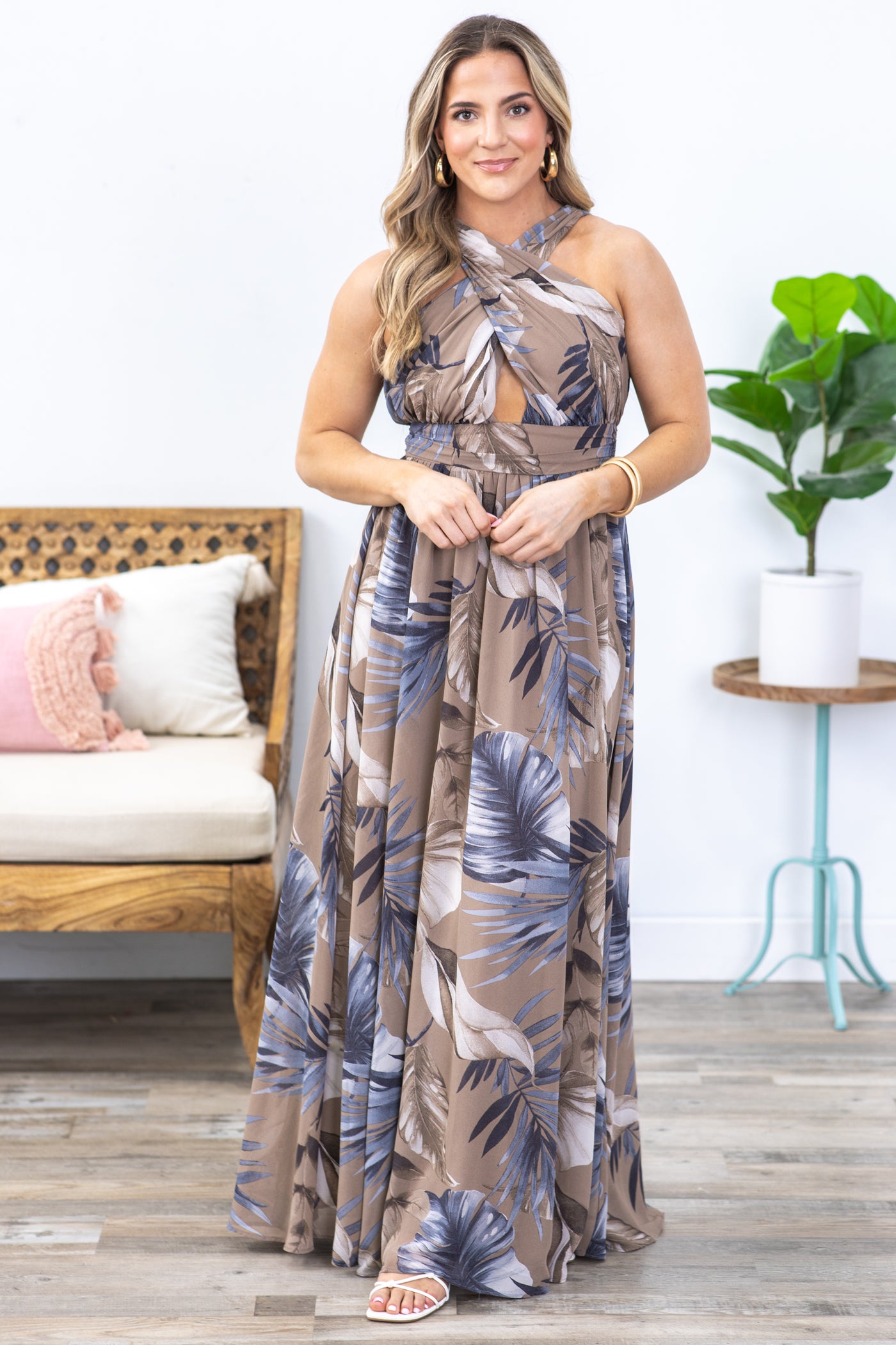 Mocha Print Cross Halter Maxi Dress