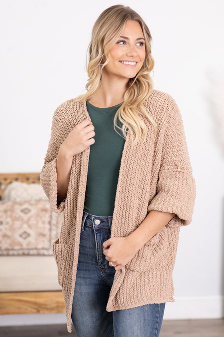 Taupe Front Pockets Sweater Cardigan