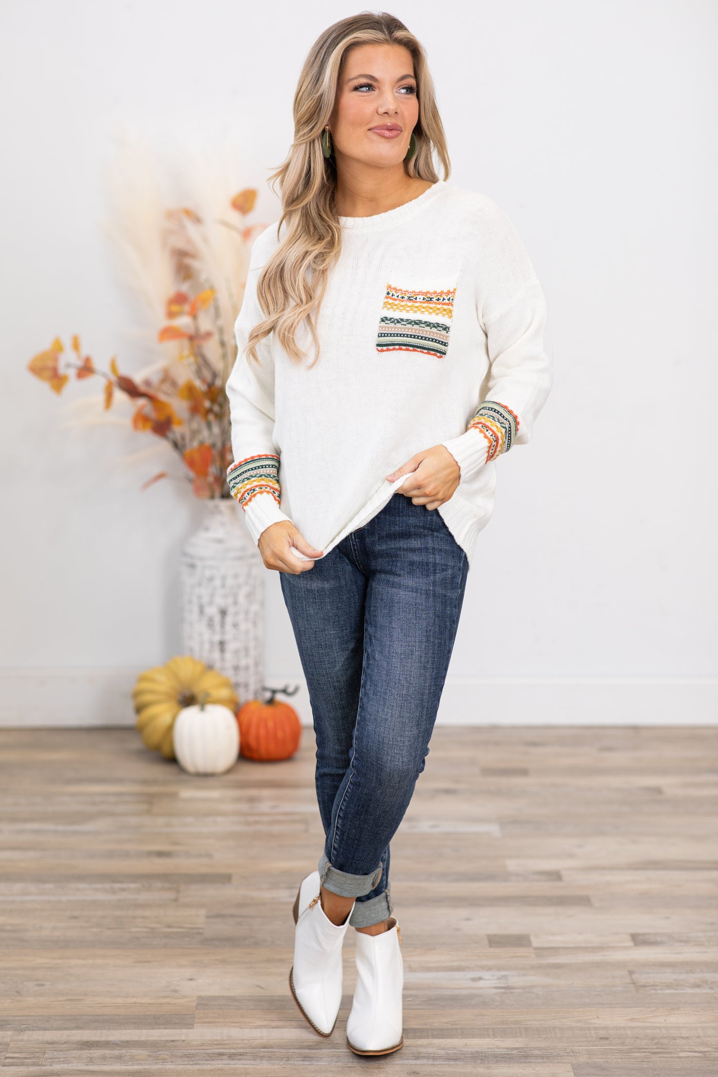 Off White Sweater With Aztec Multicolor Trim