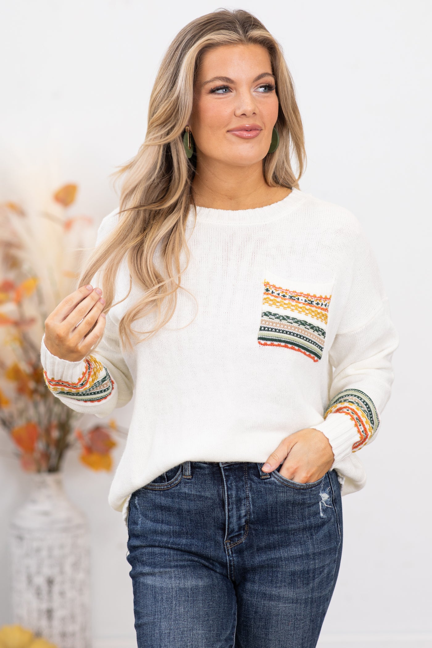 Off White Sweater With Aztec Multicolor Trim