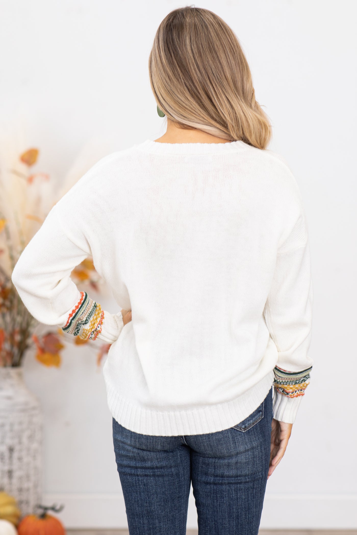 Off White Sweater With Aztec Multicolor Trim