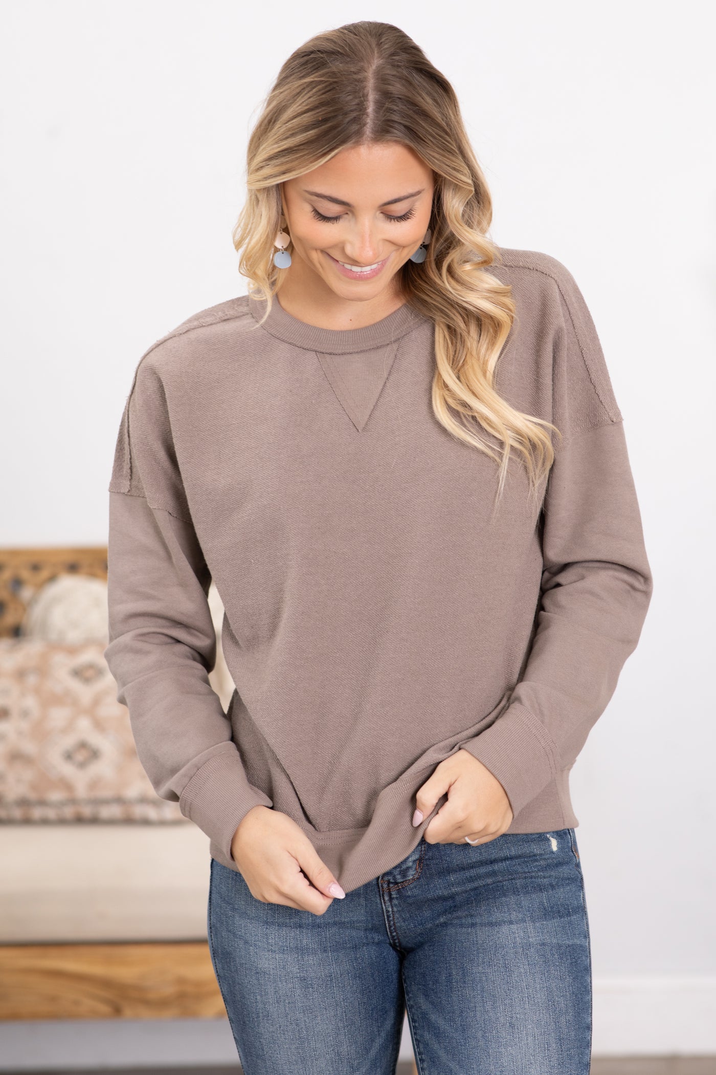 Crewneck Solid Terry Knit Top