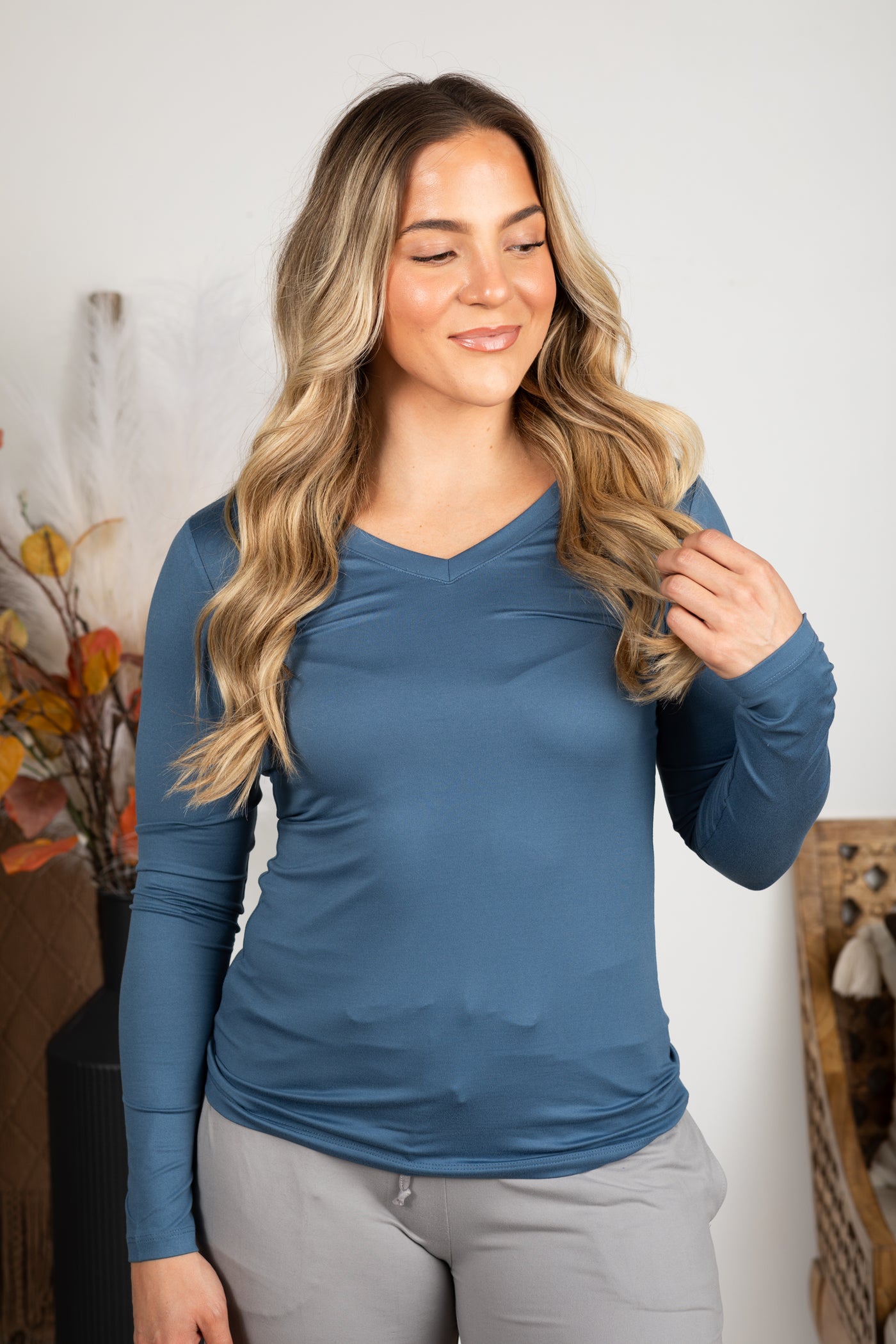 Brushed Microfiber Long Sleeve V-Neck Knit Top