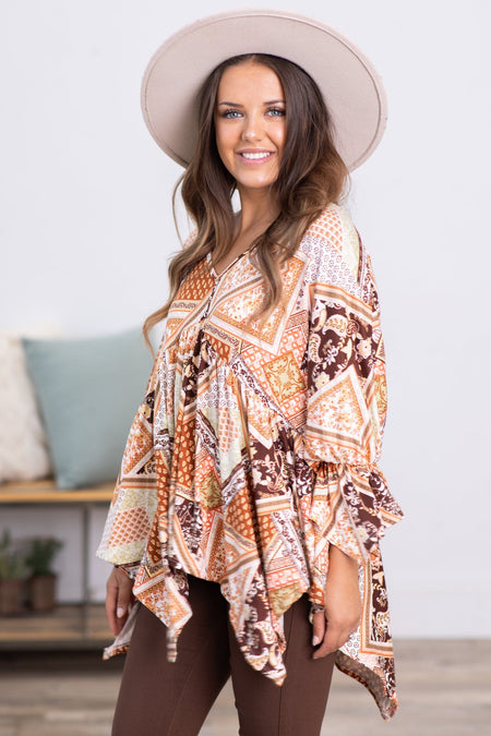 Burnt Orange Patchwork Print Hanky Hem Top - Filly Flair