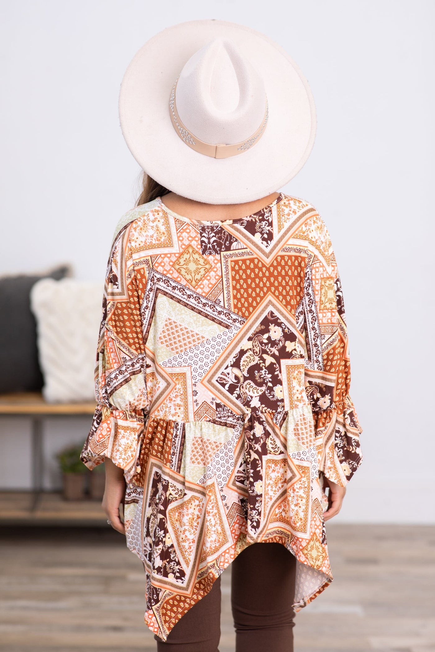 Burnt Orange Patchwork Print Hanky Hem Top - Filly Flair