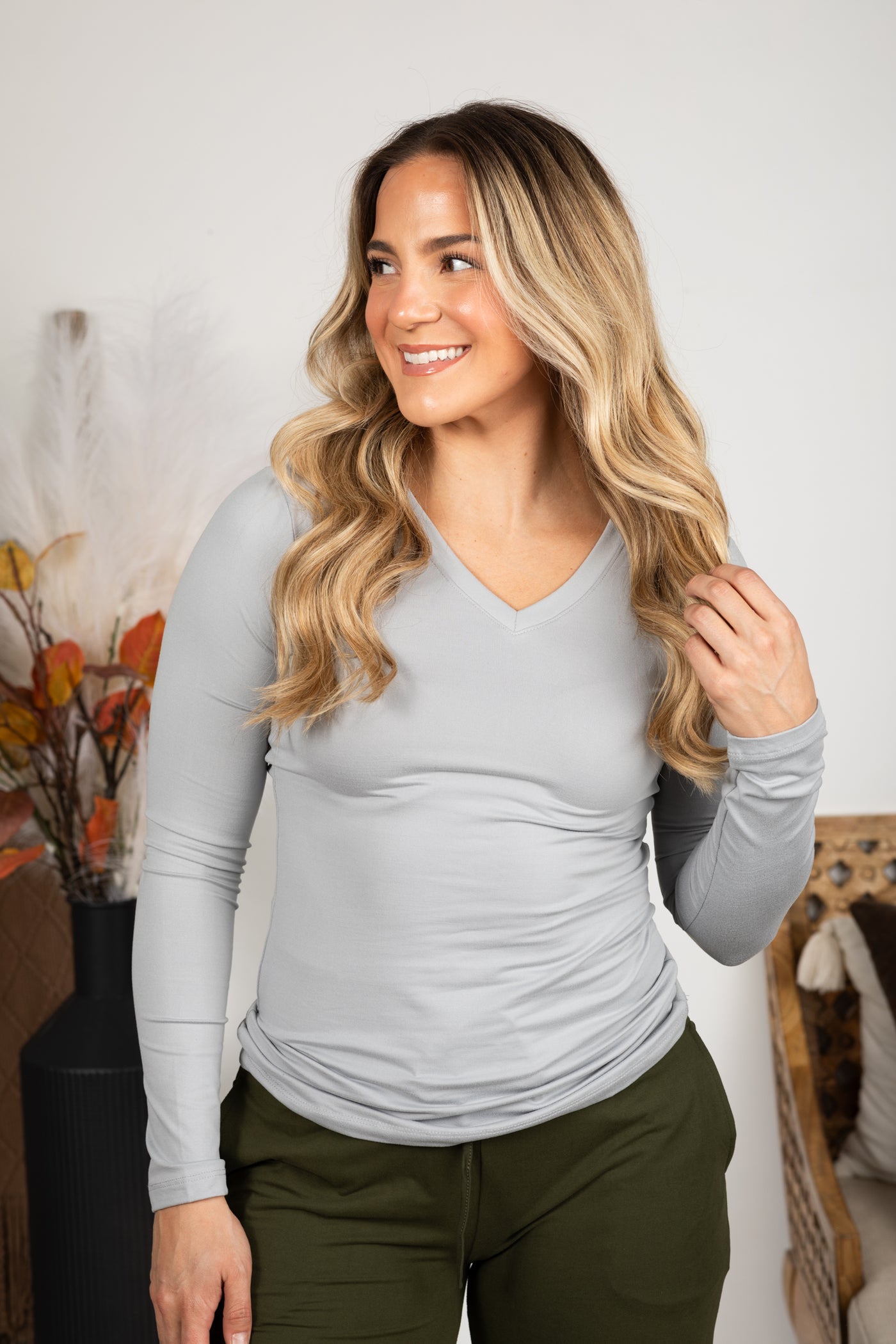 Brushed Microfiber Long Sleeve V-Neck Knit Top